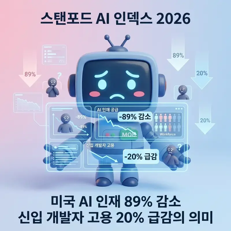 스탠포드 AI 인덱스 2026 미국 AI 인재 89% 감소 신입 개발자 고용 20% 급감의 의미