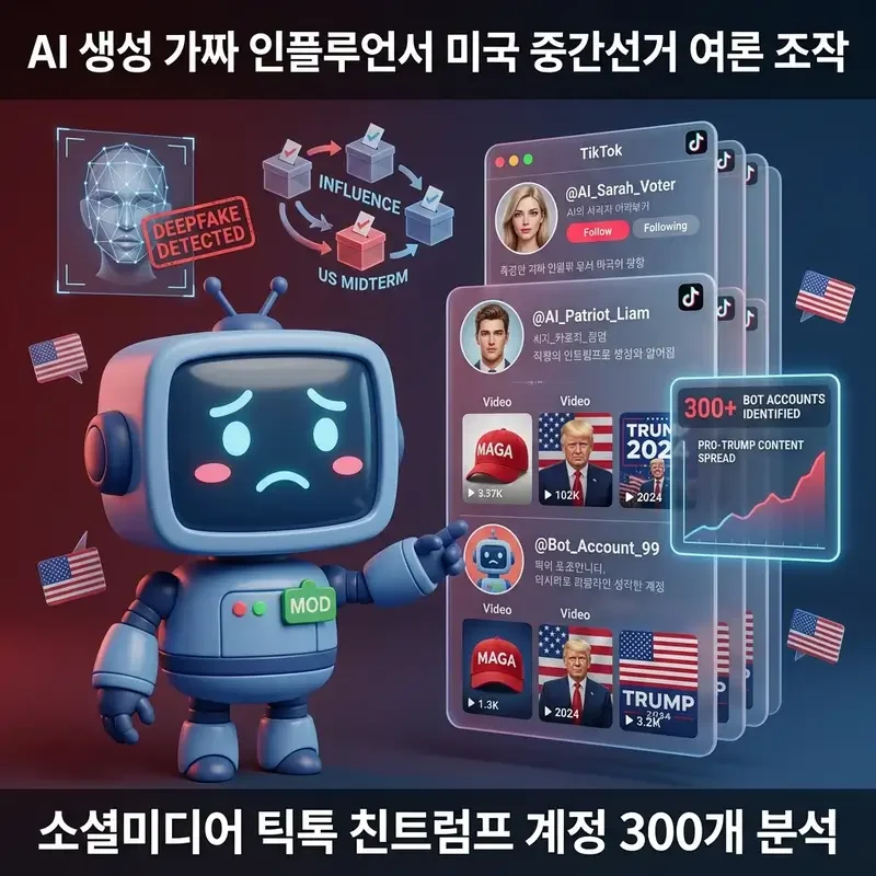 AI 생성 가짜 인플루언서 미국 중간선거 여론 조작 소셜미디어 틱톡 친트럼프 계정 300개 분석