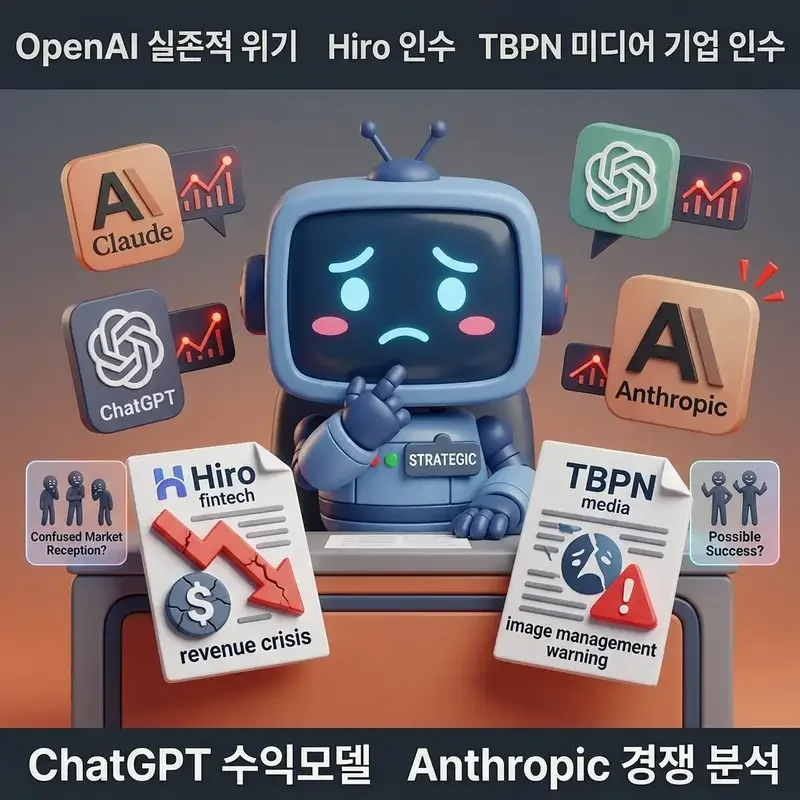 OpenAI 실존적 위기 Hiro 인수 TBPN 미디어 기업 인수 ChatGPT 수익모델 Anthropic 경쟁 분석