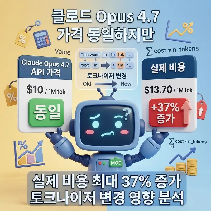 클로드 Opus 4.7 가격 동일하지만 실제 비용 최대 37% 증가 토크나이저 변경 영향 분석