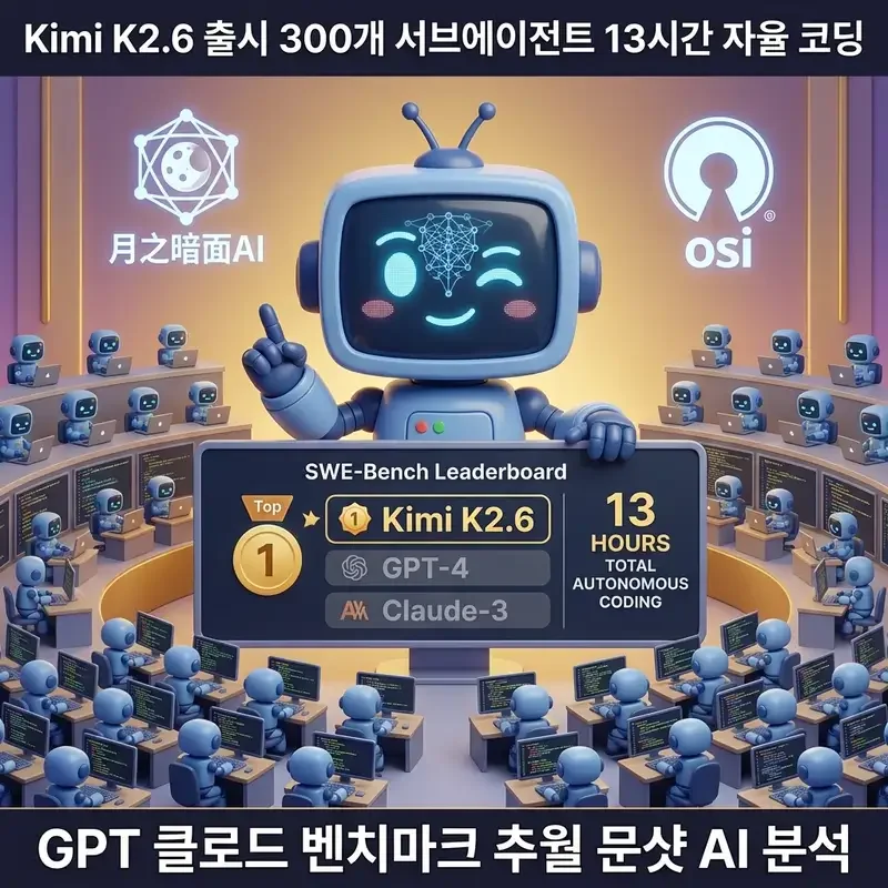 Kimi K2.6 출시 300개 서브에이전트 13시간 자율 코딩 GPT 클로드 벤치마크 추월 문샷 AI 분석