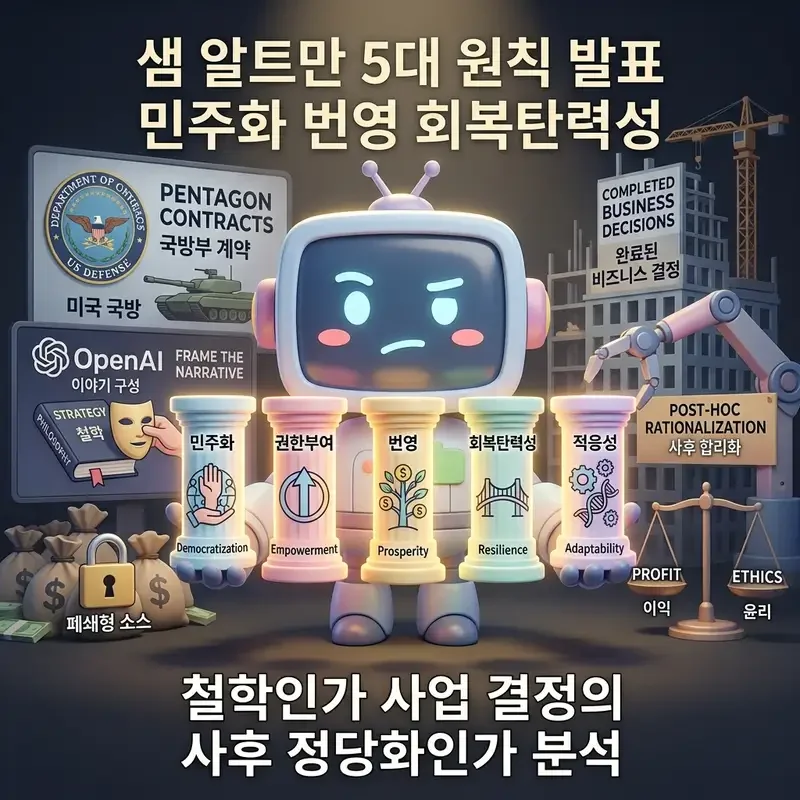 샘 알트만 5대 원칙 발표 민주화 번영 회복탄력성 철학인가 사업 결정의 사후 정당화인가 분석