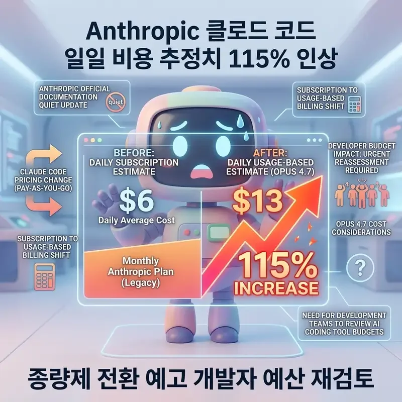 Anthropic 클로드 코드 일일 비용 추정치 115% 인상 종량제 전환 예고 개발자 예산 재검토 필요