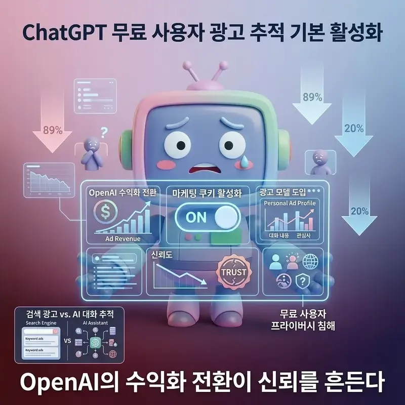 ChatGPT 무료 사용자 광고 추적 기본 활성화 OpenAI의 수익화 전환이 신뢰를 흔든다