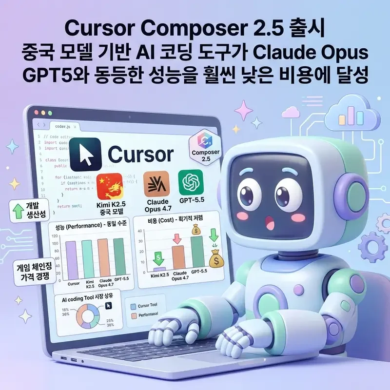 Cursor Composer 2.5 출시 중국 모델 기반 AI 코딩 도구가 Claude Opus GPT5와 동등한 성능을 훨씬 낮은 비용에 달성