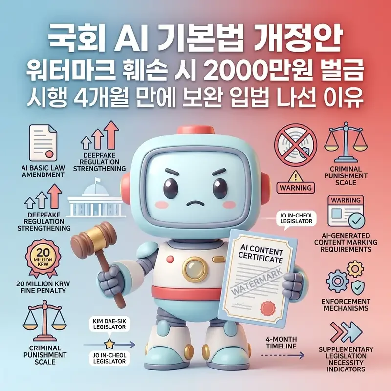국회 AI 기본법 개정안 워터마크 훼손 시 2000만원 벌금 시행 4개월 만에 보완 입법 나선 이유