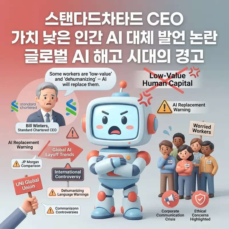 스탠다드차타드 CEO 가치 낮은 인간 AI 대체 발언 논란 글로벌 AI 해고 시대의 경고