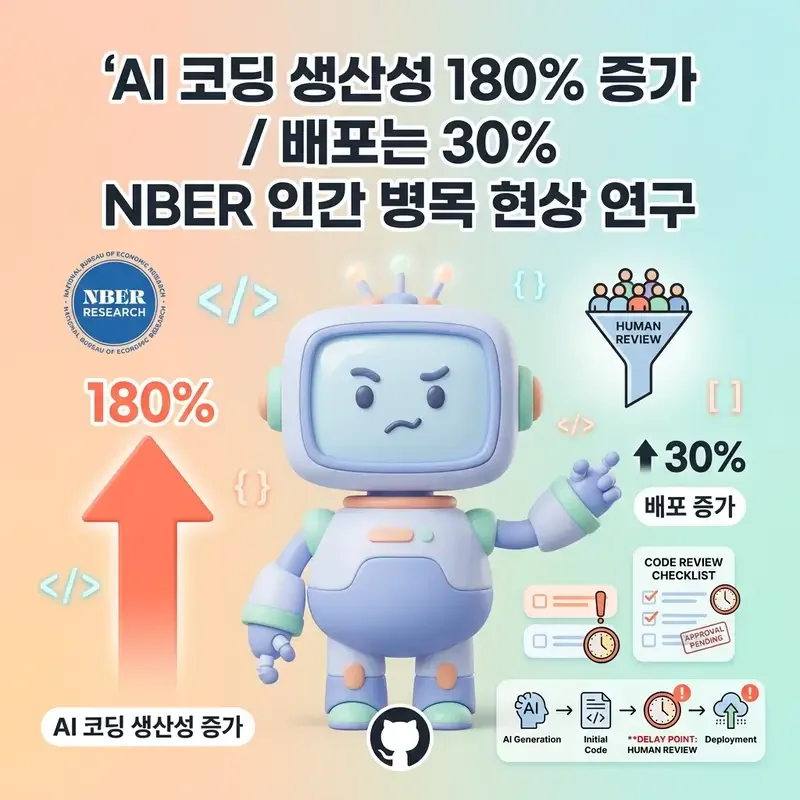 AI 코딩 생산성 180퍼센트 증가 배포는 30퍼센트 NBER 인간 병목 현상 연구
